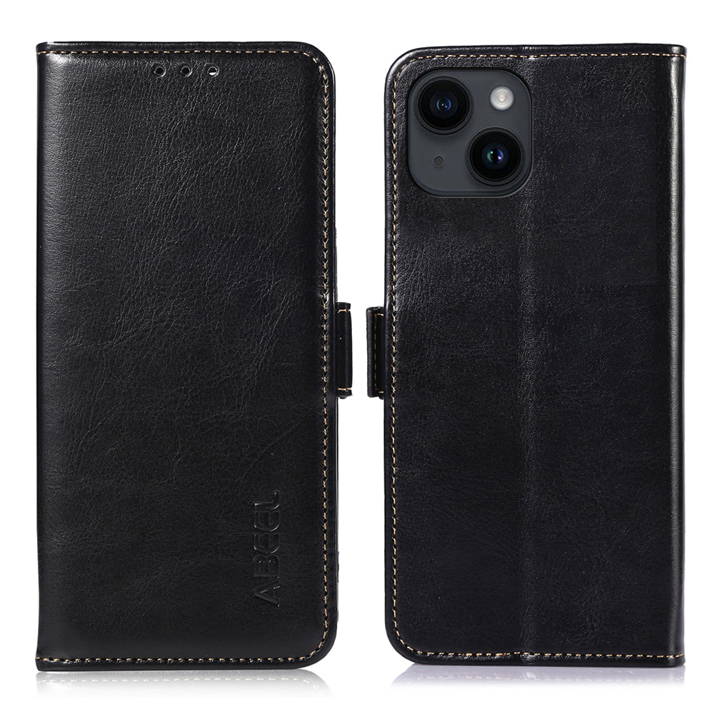 ABEEL til iPhone 15 Anti-Støv PU læder pung telefonetui Crazy Horse Texture Drop-proof cover med stativ ABEEL til iPhone 15 Anti-Støv PU læder pung telefonetui Crazy Horse Texture Drop-proof cover med stativ